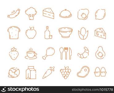 Food pictogram. Kitchen menu fresh products vegetables bread fish chicken vector thin line icon collection. Illustration of fresh bread and fruit, vegetable. Food pictogram. Kitchen menu fresh products vegetables bread fish chicken vector thin line icon collection