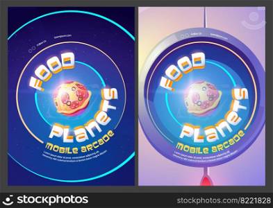 Food planets mobile arcade, cosmic fantasy game with pizza sphere in outer space porthole view. Adventure in cosmos, funny galaxy world ui graphic design, onboard screens Cartoon vector Illustration. Food planets mobile arcade with pizza in space