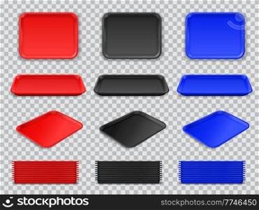 Food plastic tray mockup, red, grey and blue rectangle lunch salver. Vector school or restaurant empty tray isolated top and front view. Realistic 3d object, kitchen platters set. Food plastic tray mockup, red, grey or blue salver