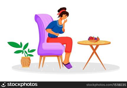 Food poisoning flat color vector faceless character. Woman suffering abdominal pain. Person with stomach ache. Female with menstruation cramps. Symptom of disease isolated cartoon illustration