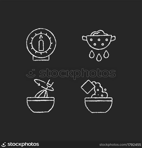 Food preparation chalk white icons set on dark background. Kitchen timer. Drain excess water or oil. Stir with whisk. Cook instruction. Recipe step. Isolated vector chalkboard illustrations on black. Food preparation chalk white icons set on dark background