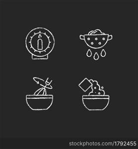 Food preparation chalk white icons set on dark background. Kitchen timer. Drain excess water or oil. Stir with whisk. Cook instruction. Recipe step. Isolated vector chalkboard illustrations on black. Food preparation chalk white icons set on dark background