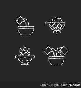 Food preparation instruction chalk white icons set on dark background. Pour liquid in bowl. Sift ingredient. Rinsing rice. Cooking process steps. Isolated vector chalkboard illustrations on black. Food preparation instruction chalk white icons set on dark background