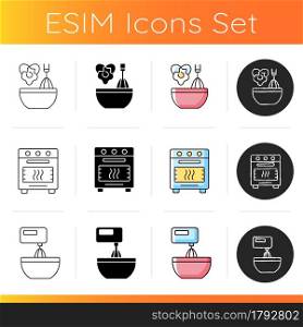 Food preparation instruction icons set. Scrambling eggs in bowl with whisk utensil. Roast dinner in oven. Beat dough with mixer. Linear, black and RGB color styles. Isolated vector illustrations. Food preparation instruction icons set