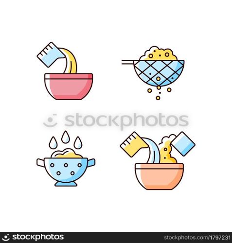 Food preparation instruction RGB color icons set. Pour liquid in bowl. Sift ingredient. Rinsing rice. Cooking process steps. Isolated vector illustrations. Simple filled line drawings collection. Food preparation instruction RGB color icons set