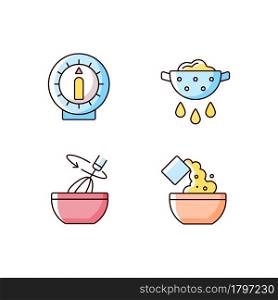Food preparation RGB color icons set. Kitchen timer. Drain excess water or oil. Stir with whisk. Cooking instruction. Recipe step. Isolated vector illustrations. Simple filled line drawings collection. Food preparation RGB color icons set