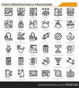 Food preservation and processing icon set for food industrial technology, study, education website, presentation, book.