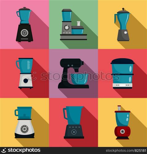 Food processor icon set. Flat set of food processor vector icons for web design. Food processor icon set, flat style