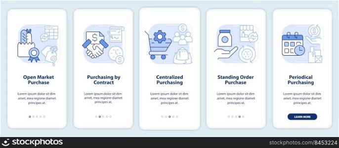 Food procurement methods light blue onboarding mobile app screen. Walkthrough 5 steps editable graphic instructions with linear concepts. UI, UX, GUI template. Myriad Pro-Bold, Regular fonts used. Food procurement methods light blue onboarding mobile app screen