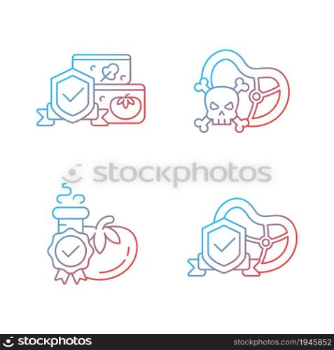Food production certification gradient linear vector icons set. Nutrition testing and storage. Food safety and hygiene. Thin line contour symbols bundle. Isolated outline illustrations collection. Food production certification gradient linear vector icons set