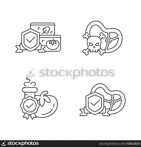Food production certification linear icons set. Nutrition testing and storage. Food safety and hygiene. Customizable thin line contour symbols. Isolated vector outline illustrations. Editable stroke. Food production certification linear icons set