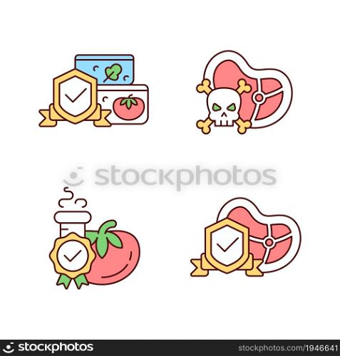 Food production certification RGB color icons set. Nutrition testing and storage. Food safety and hygiene. Isolated vector illustrations. Simple filled line drawings collection. Editable stroke. Food production certification RGB color icons set