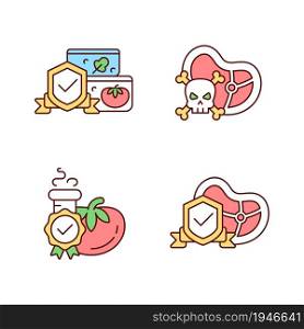 Food production certification RGB color icons set. Nutrition testing and storage. Food safety and hygiene. Isolated vector illustrations. Simple filled line drawings collection. Editable stroke. Food production certification RGB color icons set
