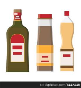Food products. Bread and water bottles, juice and cheese. Eggs, fruit and sausages ice cream. Product and drinks flat vector