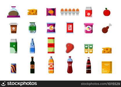 Food products. Grocery basket meat soft drinks macaroni cheese yogurt bread vector shopping collection isolated. Illustration of market food, loaf and macaroni, bottle of beer and juice. Food products. Grocery basket meat soft drinks macaroni cheese yogurt bread vector shopping collection isolated
