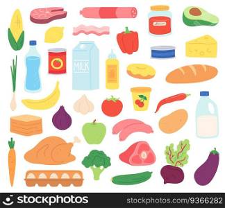 Food products. Natural meat, dairy, organic fruits and vegetables, desserts and bread. Goods in package and can, flat vector set. Natural meal and product, nutrition healthy and fresh illustration. Food products. Natural meat, dairy, organic fruits and vegetables, desserts and bread. Supermarket goods in package and can, flat vector set