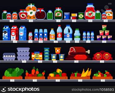 Food products on shop shelf. Supermarket shopping shelves, food store showcase and choice packed meal products sale. Grocery market variety product shelf vector illustration. Food products on shop shelf. Supermarket shopping shelves, food store showcase and choice packed meal products sale vector illustration