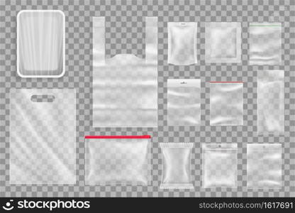 Food products plastic packaging mockups. Polyethylene tray with plastic wrap, t-shirt packet with handle and airtight pouches, blank sachets with ziploc, hang hole and perforation 3d realistic vectors. Food products plastic packaging vector mockups set