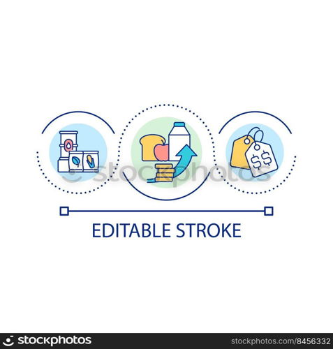 Food products rise in prices loop concept icon. Inflation consequences. Expensive goods abstract idea thin line illustration. Isolated outline drawing. Editable stroke. Arial font used. Food products rise in prices loop concept icon