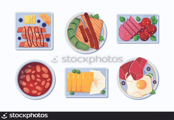 Food products top view. Delicious breakfast healthy products snacks hot drinks pancakes carrot vegetables food on dishes bacon vector reasaurant items. Illustration of delicious breakfast and meal. Food products top view. Delicious breakfast healthy products snacks hot drinks pancakes carrot vegetables meal food on dishes bacon garish vector reasaurant items