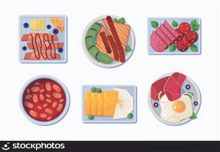 Food products top view. Delicious breakfast healthy products snacks hot drinks pancakes carrot vegetables food on dishes bacon vector reasaurant items. Illustration of delicious breakfast and meal. Food products top view. Delicious breakfast healthy products snacks hot drinks pancakes carrot vegetables meal food on dishes bacon garish vector reasaurant items