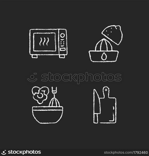 Food recipe chalk white icons set on dark background. Squeeze lemon. Microwave roasting. Scrambling egg. Cutting board. Cooking instruction. Isolated vector chalkboard illustrations on black. Food recipe chalk white icons set on dark background