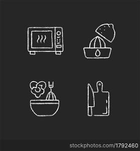 Food recipe chalk white icons set on dark background. Squeeze lemon. Microwave roasting. Scrambling egg. Cutting board. Cooking instruction. Isolated vector chalkboard illustrations on black. Food recipe chalk white icons set on dark background