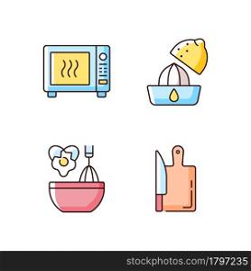 Food recipe RGB color icons set. Squeeze lemon. Microwave roasting. Scrambling egg. Cutting board. Cooking instruction. Isolated vector illustrations. Simple filled line drawings collection. Food recipe RGB color icons set