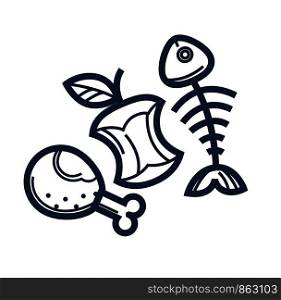 Food remnants as organic garbage sketches. Bitten chicken leg, ripe apple and fish skeleton. Recyclable rubbish isolated cartoon flat monochrome vector illustrations set on white background.. Food remnants as organic garbage minimalistic monochrome illustrations