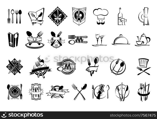 Food, restaurant and silverware icons, logo, emblems or symbols set. ?ith fork, spoon, napkin, plate, knife, cook chef hat, wine bottle, glass, cup, dish and teapot