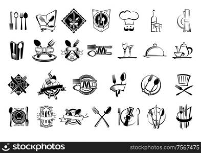 Food, restaurant and silverware icons, logo, emblems or symbols set. ?ith fork, spoon, napkin, plate, knife, cook chef hat, wine bottle, glass, cup, dish and teapot