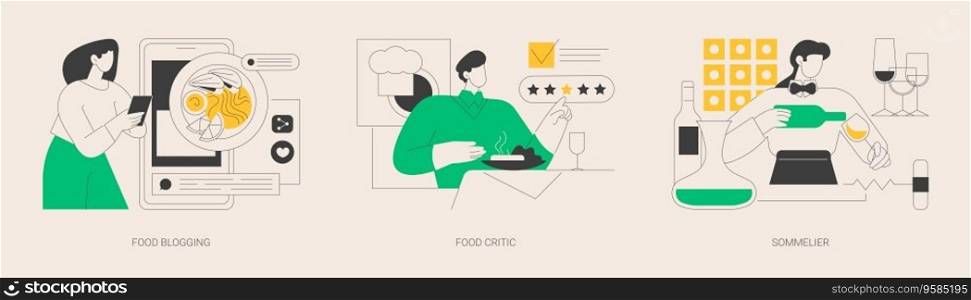 Food review abstract concept vector illustration set. Food blogging and critic, sommelier, social media, restaurant chef, rating, expert opinion, culinary show, wine steward, foodie abstract metaphor.. Food review abstract concept vector illustrations.