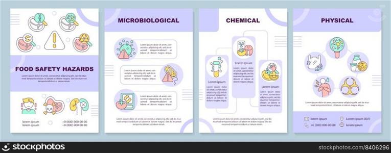 Food safety hazards purple brochure template. HACCP system. Leaflet design with linear icons. Editable 4 vector layouts for presentation, annual reports. Arial-Black, Myriad Pro-Regular fonts used. Food safety hazards purple brochure template