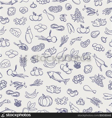 Food seamless pattern. Food seamless pattern. Hand drawn vegetable fruits berries and grocery food background. Vector illustration