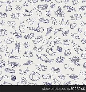 Food seamless pattern. Food seamless pattern. Hand drawn vegetable fruits berries and grocery food background. Vector illustration