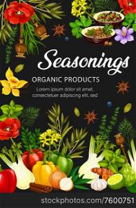 Food seasonings, spices, herbs and condiments. Vector rosemary, dill, pepper and cinnamon, garlic, anise and basil, oregano, thyme, cardamom and vanilla, onion and fennel, saffron and mustard. Spices and herbs, food seasonings and condiments