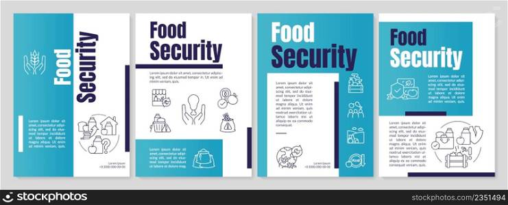 Food security blue brochure template. Accessible and affordable food. Leaflet design with linear icons. 4 vector layouts for presentation, annual reports. Anton, Lato-Regular fonts used. Food security blue brochure template