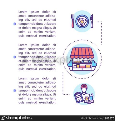 Food services concept icon with text. Local fast food. Self catering. Traditional markets. PPT page vector template. Brochure, magazine, booklet design element with linear illustrations