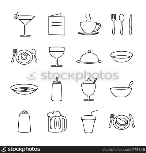 Food serving line icon set for restaurant or culinary. Contain 16 related icon. Editable stroke. Vector isolated at white background