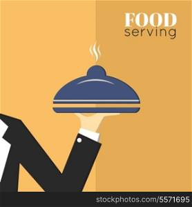 Food serving tray platter with waiter hand restaurant menu design template layout vector illustration
