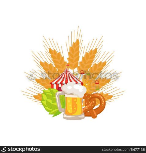 Food Set and Beer Vector Illustration on White. Food set of german bakery, baked snacks, beer and its symbols which is ear of wheat, hop and attractions on white background vector illustration.