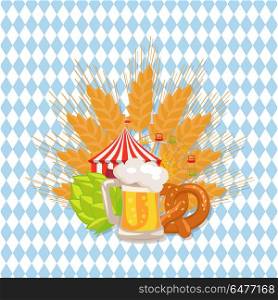 Food Set and Beer Vector Illustration on White. Food set of german bakery, baked snacks, beer and its symbols which is ear of wheat, hop and attractions on checkered background vector illustration