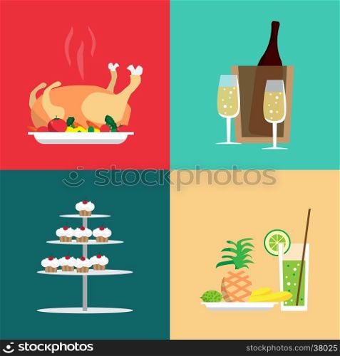 Food set on the Christmas table. Turkey, drinks, sweets, fruit. Cartoon style vector illustration