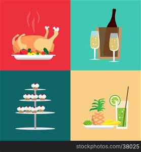 Food set on the Christmas table. Turkey, drinks, sweets, fruit. Cartoon style vector illustration