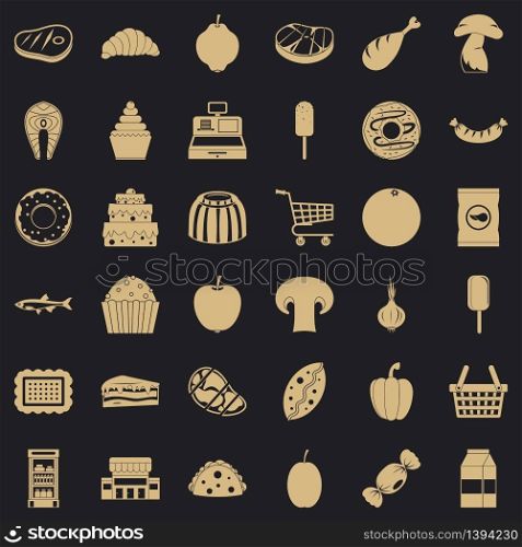 Food shopping icons set. Simple style of 36 food shopping vector icons for web for any design. Food shopping icons set, simple style