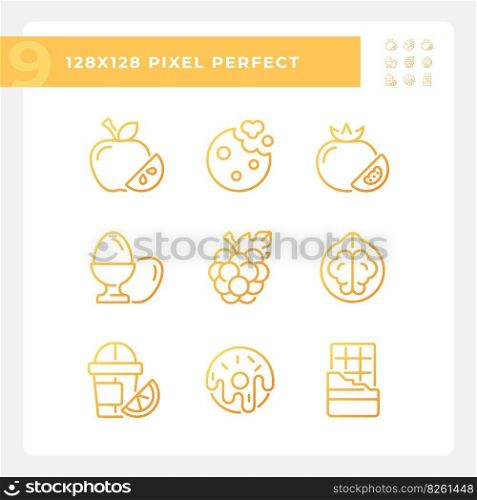 Food shopping pixel perfect gradient linear vector icons set. Meal planning. Retail store. Supermarket. Grocery list. Thin line contour symbol designs bundle. Isolated outline illustrations collection. Food shopping pixel perfect gradient linear vector icons set