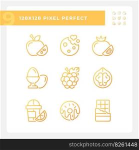 Food shopping pixel perfect gradient linear vector icons set. Meal planning. Retail store. Supermarket. Grocery list. Thin line contour symbol designs bundle. Isolated outline illustrations collection. Food shopping pixel perfect gradient linear vector icons set