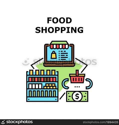 Food Shopping Vector Icon Concept. Food Shopping In Grocery Market, Choosing Vegetables And Fruits On Shelves In Shop. Online Order Nourishment And Delivery Service Color Illustration. Food Shopping Vector Concept Color Illustration