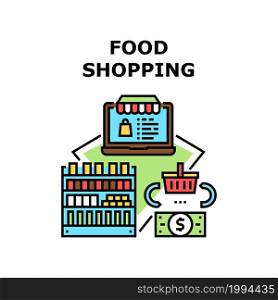 Food Shopping Vector Icon Concept. Food Shopping In Grocery Market, Choosing Vegetables And Fruits On Shelves In Shop. Online Order Nourishment And Delivery Service Color Illustration. Food Shopping Vector Concept Color Illustration