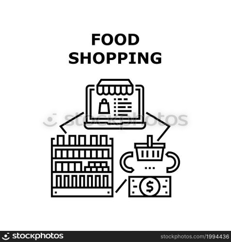 Food Shopping Vector Icon Concept. Food Shopping In Grocery Market, Choosing Vegetables And Fruits On Shelves In Shop. Online Order Nourishment And Delivery Service Black Illustration. Food Shopping Vector Concept Black Illustration